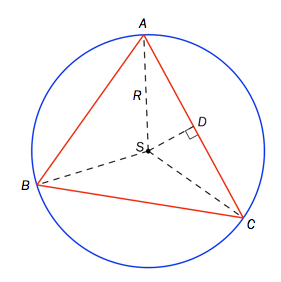 Skisse av en trekant ABC med en omskrevet sirkel.